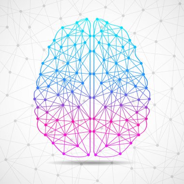 Çizgilerden ve noktalardan oluşan soyut insan beyni, çokgen kablo. Vektör illüstrasyonu