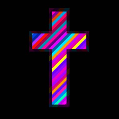 Siyah arka planda izole edilmiş renkli çizgilerle çapraz işaret. Hıristiyan Sembolü. Vektör illüstrasyonu
