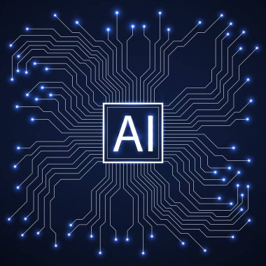 Devre kartlı yapay zeka. Soyut neon teknoloji konsepti. Vektör illüstrasyonu