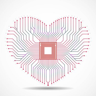 Kalp şeklindeki soyut elektronik devre kartı, teknoloji arka planı, vektör illüstrasyonu