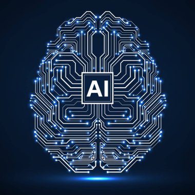 Yapay Zeka ile soyut teknolojik beyin. Neon devre kartı beyni. Vektör