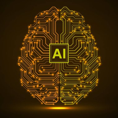 Yapay Zeka ile soyut teknolojik beyin. Neon devre kartı beyni