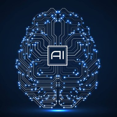 Yapay Zeka ile soyut teknolojik beyin. Neon devre kartı beyni