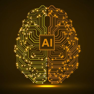 Yapay Zeka ile soyut teknolojik beyin. Neon devre kartı beyni. Vektör