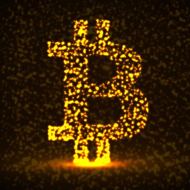 Parlayan parçacıkların soyut imzası bitcoin, ödeme sistemi. Neon finansal sembolü. İzole vektör illüstrasyonu