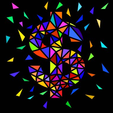 Geometrik sembollü dolar. Çokgen şekillerin patlaması. Kullanıcı para birimi sembolü. Vektör illüstrasyonu