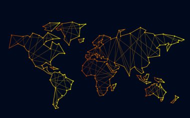 Bağlı hatları ve ağ bağlantıları olan çokgen soyut dünya haritası. Vektör illüstrasyonu