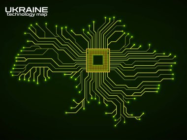 Abstract Ukraine map with cpu. Circuit board. Technology background. Vector illustration