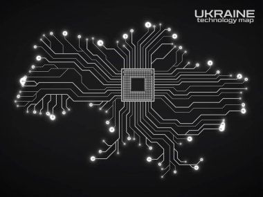 Abstract Ukraine map with cpu. Circuit board. Technology background. Vector illustration