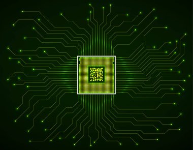 Devre kartı. Mikroişlemci. Mikroçip. Devre kartı. Teknoloji geçmişi. Vektör illüstrasyonu