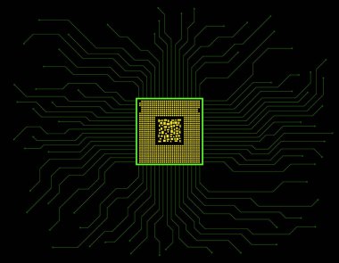 Devre kartı. Mikroişlemci. Mikroçip. Devre kartı. Teknoloji geçmişi. Vektör illüstrasyonu