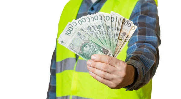 Zbliżenie Rękach Człowieka Pracującego Banknoty Złote Polskie Dobre Wynagrodzenie Dla — Zdjęcie stockowe