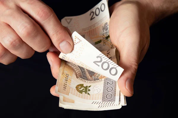 Nahaufnahme Den Händen Von Banknoten Zweihundert Polnische Zloty — Stockfoto