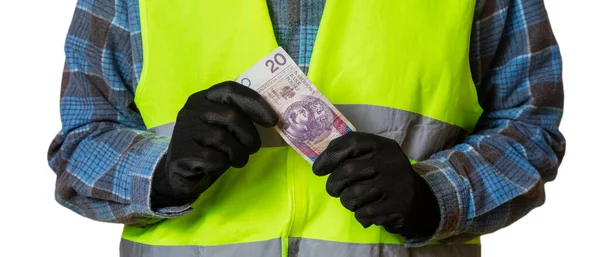 Man Werkkleding Handschoenen Houdt Een Bankbiljet Van Poolse Zloty Zijn — Stockfoto