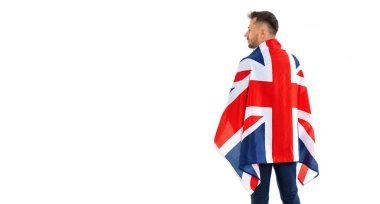 Banner business man with UK flag on his back, photo isolated on white.