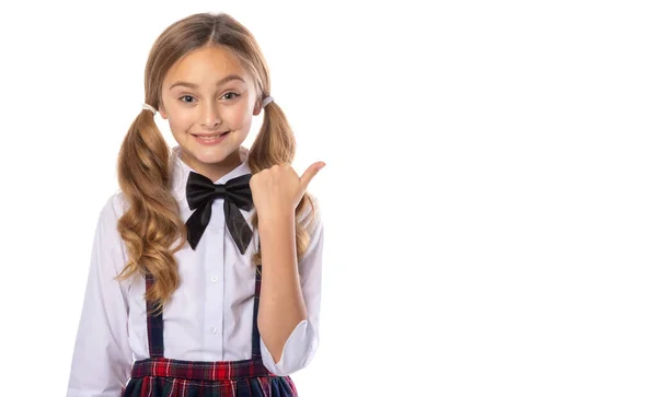 Positive School Girl Pointing Finger Right Copy Space Promoter Isolated — Stock Photo, Image