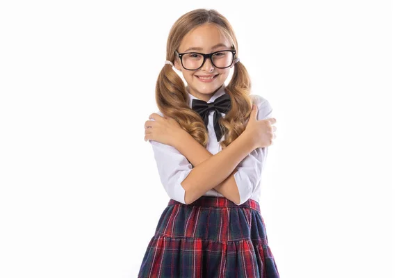 Portret Szczęśliwej Dziewczynki Lat Okularach Odizolowany Białym Tle Sesja Studyjna — Zdjęcie stockowe
