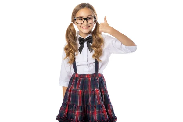 Menina Alegre Estudante Anos Idade Óculos Mostra Polegares Para Cima — Fotografia de Stock