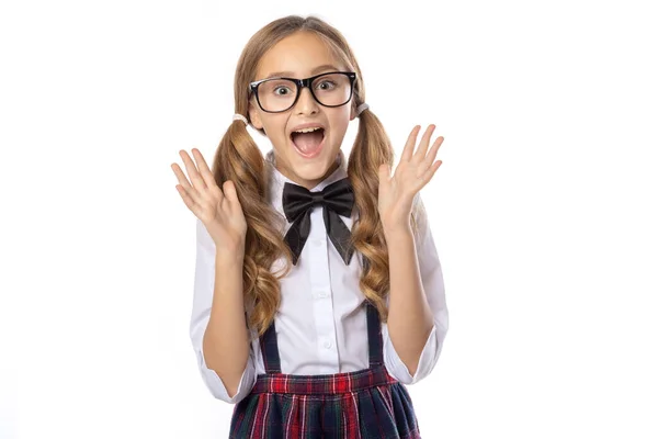 Retrato Uma Estudante Surpreso Óculos Alegrando Que Ela Está Volta — Fotografia de Stock