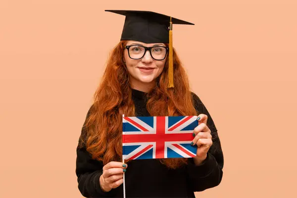 Ung Kvinnlig Student Med Brittisk Flagga Engelsk Utbildning Stockfoto