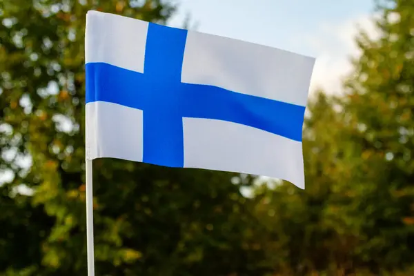 Finland Flagga Bakgrunden Gröna Växter Och Blå Himmel Med Moln Royaltyfria Stockfoton