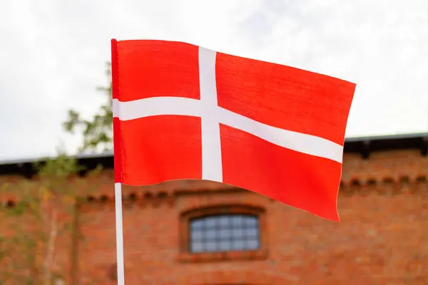 Κυματιστή Σημαία Της Δανίας Στο Φόντο Κτιρίου Και Ουρανού Εικόνα Αρχείου
