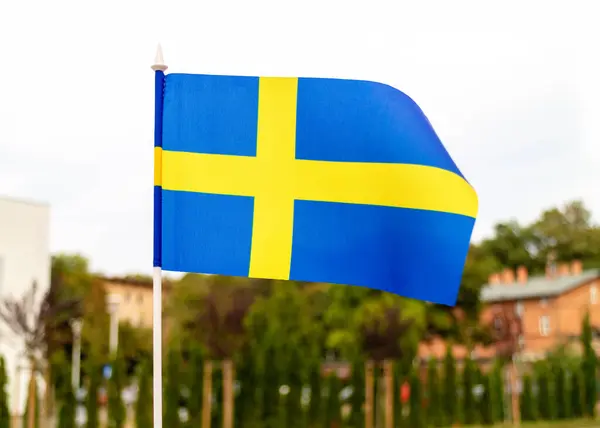 Bandeira Suécia Com Edifícios Residenciais Segundo Plano Fotografia De Stock