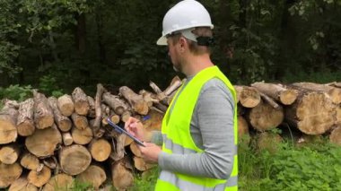 Orman mühendisi, kesilen kerestelerin müfettişi, ormanda ağaç kesme işinde çalışıyor. Kuru ağaç kütüklerini inceleyen panoya sahip bir ormancı..