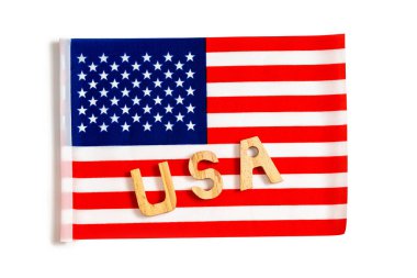 Amerika Birleşik Devletleri bayrağı. ABD bayrağı ve ahşap harfleri..