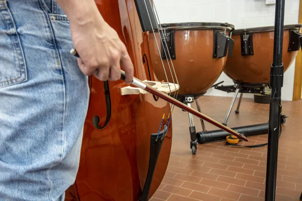 Riktiga Unga Musikstudenter Repetitionerna Musikinstrument Och Musikställ Med Stav Violin Stockbild