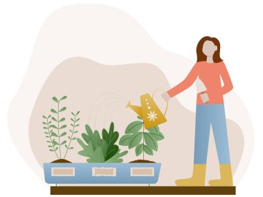 Bahçeye çiçek eken kadın, tarım bahçıvanı hobisi ve bahçe işi. Bahçıvan çiçek kesicisi çalışıyor. Vektör illüstrasyonu