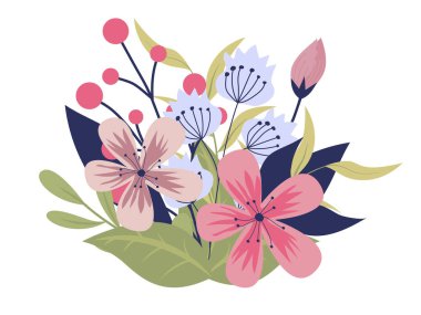 Çiçek dalı seti. Çiçek pembe gül, yeşil yapraklar. Çiçekli düğün konsepti. Çiçek posteri, davet. Tebrik kartı ya da davetiye tasarımı için vektör düzenlemeleri. Vektör illüstrasyonu