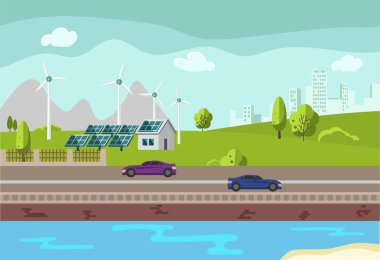 Yenilenebilir kaynaklardan gelen temiz elektrik enerjisinin bir örneği. Güneş ve rüzgar. Şehrin ufuk çizgisi kentsel manzara arka planında güneş panelleri ve rüzgar türbinleri olan elektrik santrali. Vektör illüstrasyonu