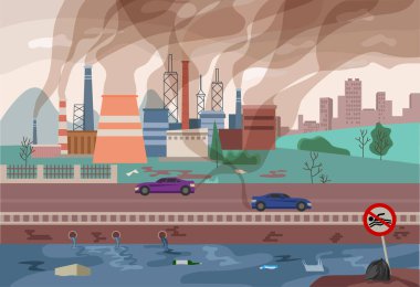 Vector background with environmental pollution. Factory plant smokes with smog, trash emission from pipes to river water. Ecology, nature concept. Vector illustration clipart