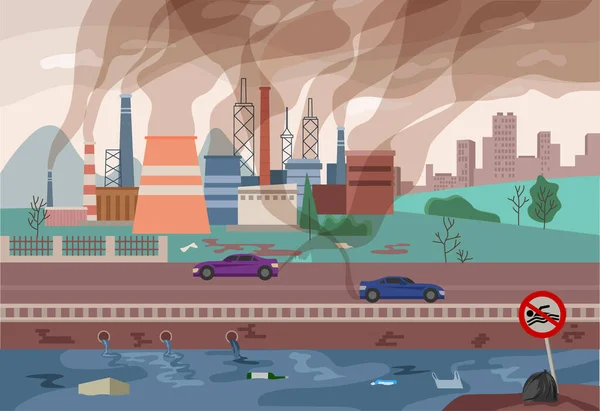 Vektorháttér Környezetszennyezéssel Gyár Füstöl Szmoggal Csövektől Folyóvíz Szennyezőanyagig Ökológia Természet — Stock Vector