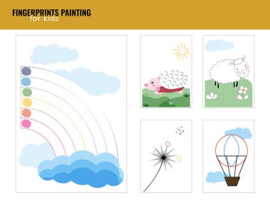 Çocuk aktiviteleri çalışma tablosu. Basılabilir basit şekil ve renk, anaokulu için mantık eşleşmesi görevi. Çocuklar için parmak izi boyası. Vektör illüstrasyonu