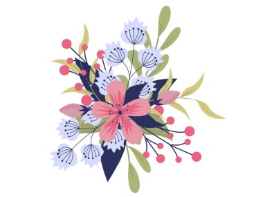 Çiçek dalı seti. Çiçek pembe gül, yeşil yapraklar. Çiçekli düğün konsepti. Çiçek posteri, davet. Tebrik kartı ya da davetiye tasarımı için vektör düzenlemeleri. Vektör illüstrasyonu