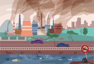 Çevre kirliliği olan vektör geçmişi. Fabrika dumanlı sigara içiyor, borulardan nehir suyuna çöp yayıyor. Ekoloji, doğa kavramı. Vektör illüstrasyonu