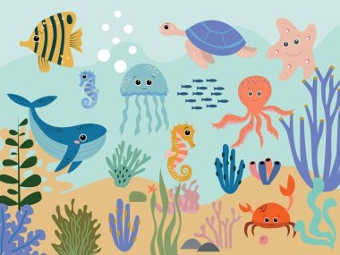 Balinaların ve denizyıldızlarının deniz yosunu ve kayaların arasında bir ahtapotla yüzdüğü renkli sualtı dünyası, vektör karikatür çizimi. Vektör illüstrasyonu