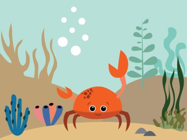 Deniz yosunu ve kayaların arasında yüzen yengeç ile renkli sualtı dünyası, vektör karikatür çizimi. Vektör illüstrasyonu