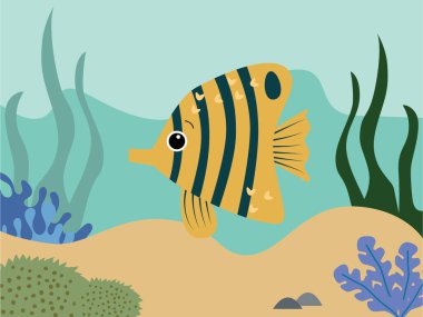Sarı helmon balığının deniz yosunu ve kayaların arasında yüzdüğü renkli sualtı dünyası, vektör karikatür çizimi. Vektör illüstrasyonu
