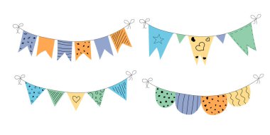 Bayrak çelenk kiraz kalbi, yıldız doğum günü partisi seti. Yıldönümü, kutlama partisi bayrakları asma karikatür koleksiyonu. Flamalar, festival dekorasyonu. İzole vektör çizimi. Vektör