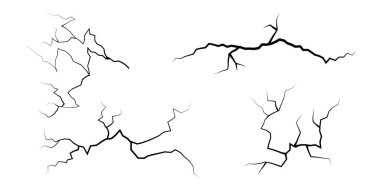 Bir takım çatlaklar. Farklı siyah yıldırımlardan oluşan bir koleksiyon. Toprak çatlağı. Gök gürültüsü ve şimşek çaktı. Beyaz arka planda doğal fenomenlerin vektör çizimi. Vektör illüstrasyonu