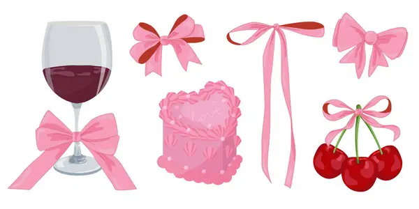 Vector Illustration Pink Girly Vintage Bows Wine Bento Cake Cherry — Stock Vector