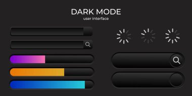 Koyu mod basit zarif düğmeler, yükleme, arama çubuğu tasarımı. Vektör illüstrasyonu