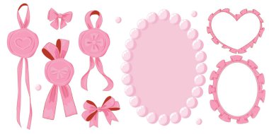 Pembe kız tarzı kurdele, kurdele boncukları ve balmumu mühür setinin vektör illüstrasyonu. Kurdeleler izole edildi. Moda seksi kızlar için aksesuarlar. Vektör illüstrasyonu