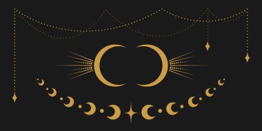 Yıldızlı, ay evreli, hilal ve noktalı vektör altın sınır. Mistik dekorasyon için süslü, büyülü, izole bir parça koleksiyonu. Vektör illüstrasyonu