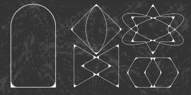 Y2k çerçeve koleksiyonu. Minimalist doğrusal çerçeveler, kemerler, elementler, geometrik şekiller ve çizgiler. Poster tasarımı için estetik çerçeveler, modern tarzda ayarlanmış vektörler. Vektör illüstrasyonu