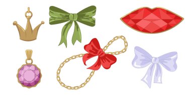 Kızsal klasik yay ve çerçeve altın zincir ve mücevher setinin vektör illüstrasyonu. Kurdeleler izole edildi. Moda seksi kızlar için aksesuarlar. Vektör illüstrasyonu