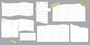 Kağıt kırıntıları. Yırtık kağıt parçaları, notlar için yırtık kenarları olan, gerçekçi yırtık notlar. Vektör illüstrasyonu izole edildi. Vektör illüstrasyonu